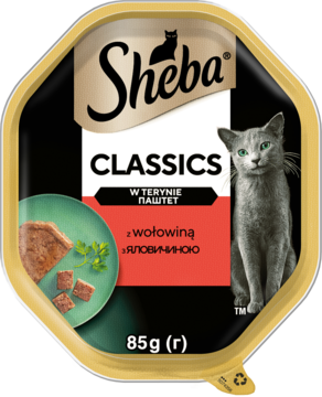 Sheba Classics, karma dla kota, pasztet z wołowiną. Złota tacka z etykietą, kotem i porcją dania.
