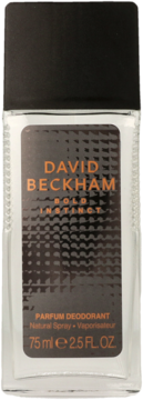 David Beckham Bold Instinct Parfum Deodorant 75ml, szklana butelka z czarną etykietą i wzorem, widok z przodu.
