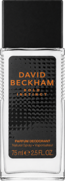 David Beckham Bold Instinct parfum dezodorant 75ml w szklanej butelce, czarna etykieta, pomarańczowy napis, widok z przodu.