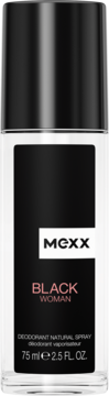 MEXX Black Woman dezodorant w sprayu 75ml, przezroczysta butelka z czarną etykietą i białym logo, przód.