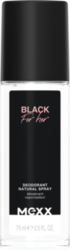 Dezodorant MEXX Black For her, butelka 75 ml, przezroczysta z czarną etykietą i różowym napisem, widok z przodu.