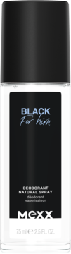 Męski dezodorant MEXX Black Natural Spray, biała butelka z czarną etykietą i białym tekstem, widok z przodu.