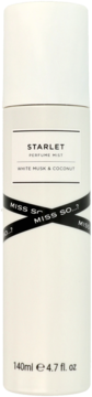 Miss So...? Starlet Perfume Mist w białej butelce 140ml, front, czarna etykieta, napis White Musk & Coconut, ozdobna wstążka.