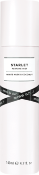Frontalny widok białej mgiełki perfumowanej Miss So...? Starlet White Musk & Coconut 140ml, z czarnymi paskami logo.