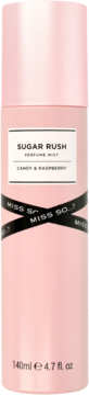 Różowa mgiełka perfumowana Miss So...? Sugar Rush Candy & Raspberry, widok z przodu, czarna wstążka.