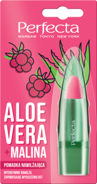 Różowo-zielona pomadka Perfecta Aloe Vera + Malina w blistrze, widok z przodu. Nawilżająca szminka do ust.