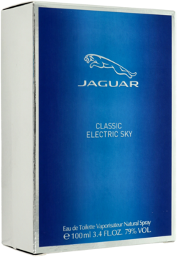 Niebieskie pudełko perfum Jaguar Classic Electric Sky 100ml, z białymi bokami, widok z przodu i boku.