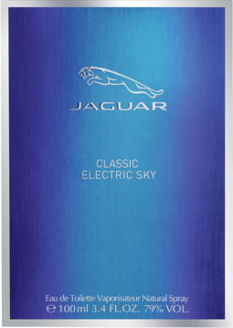 Front of Jaguar Classic Electric Sky 100ml Eau de Toilette, blue gradient box with silver details.