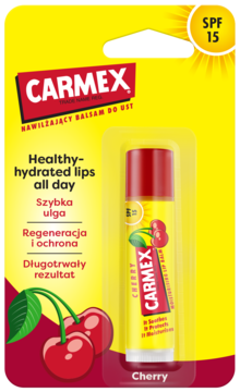 Balsam do ust Carmex Wiśniowy SPF 15 w żółto-czerwonym blistrze, nawilżający sztyft, widok z przodu.