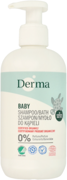 Biała butelka Derma Eco Baby szamponu i mydła do kąpieli z pompką, hipoalergiczny, bez zapachu, widok z przodu.