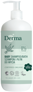 Biała butelka Derma Eco Baby szamponu i płynu do kąpieli z pompką, zielona etykieta, 0% perfum, widok z przodu.