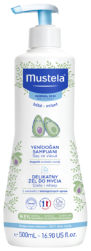 Biała butelka szamponu i żelu Mustela z awokado, dla niemowląt. Widok z przodu, niebieska pompka, 500ml.