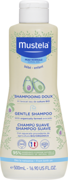 Mustela Gentle Shampoo z organicznym awokado dla normalnej skóry dzieci, beżowa butelka 500ml, widok z przodu.