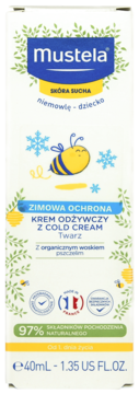 Mustela Zimowa Ochrona Krem odżywczy z Cold Cream, twarz, dla suchej skóry niemowląt, front biało-niebieskiego opakowania.