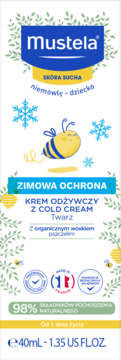 Mustela krem odżywczy z Cold Cream 40ml. Białe opakowanie, zimowa ochrona dla suchej skóry twarzy niemowląt i dzieci.