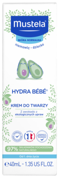 Mustela Hydra Bébé krem do twarzy 40ml dla niemowląt i dzieci z awokado. Białe pudełko, widok z przodu.