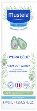 Mustela Hydra Bébé krem do twarzy 40ml dla niemowląt i dzieci z awokado. Białe pudełko, widok z przodu.