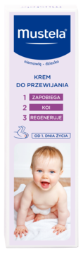 Mustela Krem do Przewijania, biało-fioletowe opakowanie, na froncie uśmiechnięte niemowlę, opis 1-2-3.