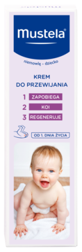 Mustela Krem do Przewijania, biało-fioletowe opakowanie, na froncie uśmiechnięte niemowlę, opis 1-2-3.