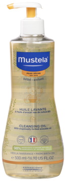 Mustela Huile Lavante 500ml, clear bottle with white pump for baby's dry skin, front view.