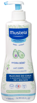 Biały balsam Mustela Hydra B&#233;b&#233; z awokado dla niemowl&#261;t, 500ml, widok z przodu butelki z pompką.