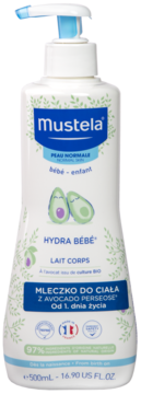 Biały balsam Mustela Hydra Bébé z awokado dla niemowląt, 500ml, widok z przodu butelki z pompką.