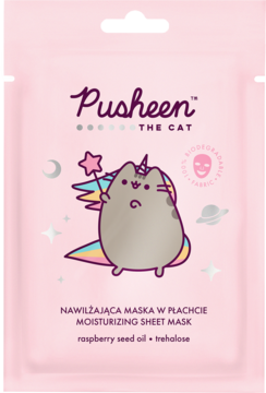 Różowa maska w płachcie Pusheen unicorn nawilżająca, z olejem malinowym i trehalozą, 100% biodegradowalna.