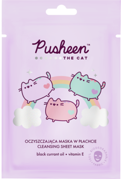Fioletowa oczyszczająca maska w płachcie Pusheen z kotkami i tęczą, przód opakowania, olej z czarnej porzeczki.