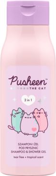 Różowy szampon i żel Pusheen 2w1, z fioletową nakrętką i wizerunkiem trzech kotów, widok z przodu.