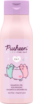 Różowy szampon i żel Pusheen 2w1, z fioletową nakrętką i wizerunkiem trzech kotów, widok z przodu.