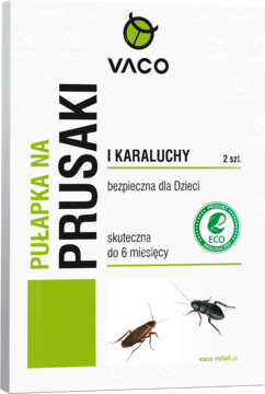 VACO ECO pułapka na prusaki i karaluchy, białe opakowanie z zielonymi elementami i grafikami owadów, widok z przodu.