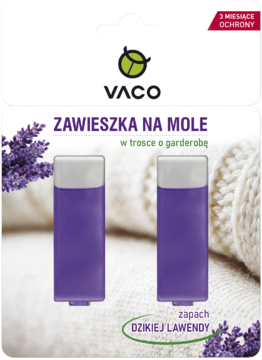 VACO Zawieszka na mole z dzikiej lawendy, opakowanie z dwoma fioletowymi zawieszkami, 3 miesiące ochrony.