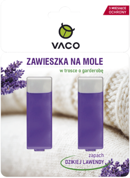 VACO Zawieszka na mole z dzikiej lawendy, opakowanie z dwoma fioletowymi zawieszkami, 3 miesiące ochrony.