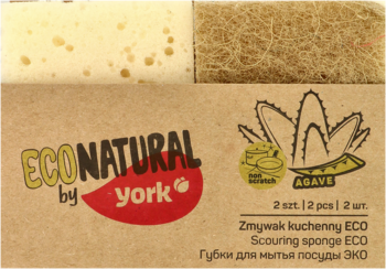 Zmywak kuchenny ECO NATURAL by YORK: dwa zmywaki, jasny i brązowy z agawy, widok na opakowanie.
