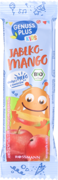 Niebieski batonik Genuss Plus Kids Jabłko-Mango, z wesołym potworem i dwoma czerwonymi jabłkami, widok z przodu.