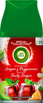 Air Wick Fruity Sangria automatic spray refill. Red label, two sangria drinks with lime, mint, orange, green top.