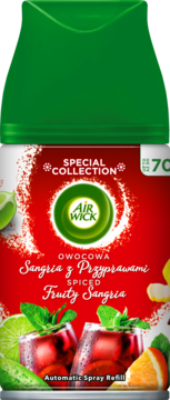 Air Wick Fruity Sangria automatic spray refill. Red label, two sangria drinks with lime, mint, orange, green top.