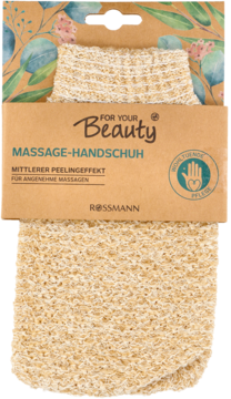 Beżowa rękawica For Your Beauty do masażu ciała z efektem peelingu, na kartonowym opakowaniu Rossmann.