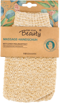 Beżowa rękawica For Your Beauty do masażu ciała z efektem peelingu, na kartonowym opakowaniu Rossmann.