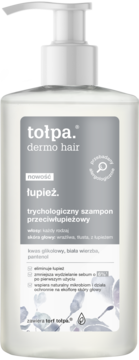 Tołpa dermo hair szampon przeciwłupieżowy z pompką, biała butelka, szara etykieta, widok z przodu.