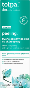 Tołpa dermo hair peeling trychologiczny do skóry głowy, zielone opakowanie z białymi napisami, widok z przodu.