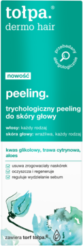 Tołpa dermo hair peeling do wrażliwej skóry głowy, zielone opakowanie z kwasem glikolowym, widok z przodu.