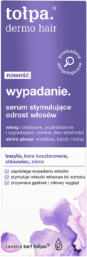 tołpa. dermo hair serum na wypadanie włosów, fioletowe opakowanie z torfem tołpa, stymuluje odrost, widok z przodu.