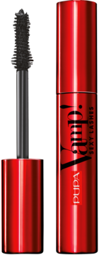 Czerwony tusz Pupa Vamp! Sexy Lashes z wyciągniętą szczoteczką, uniesiona obok tuby na białym tle.