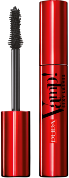 Czerwony tusz Pupa Vamp! Sexy Lashes z wyciągniętą szczoteczką, uniesiona obok tuby na białym tle.