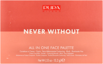 Pupa Milano Never Without, brzoskwiniowa paleta All In One Face, widok z przodu opakowania.