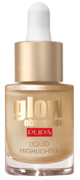 PUPA Glow Obsession płynny rozświetlacz w złotej butelce z pipetą, lśniący, widok z przodu.