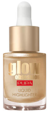 PUPA Glow Obsession płynny rozświetlacz w złotej butelce z pipetą, lśniący, widok z przodu.