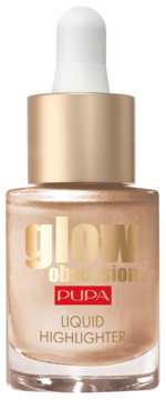 PUPA Glow Obsession płynny rozświetlacz, złocisty, z pipetą i perłowymi drobinkami, widok z przodu.
