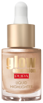 PUPA Glow Obsession płynny rozświetlacz, złocisty, z pipetą i perłowymi drobinkami, widok z przodu.